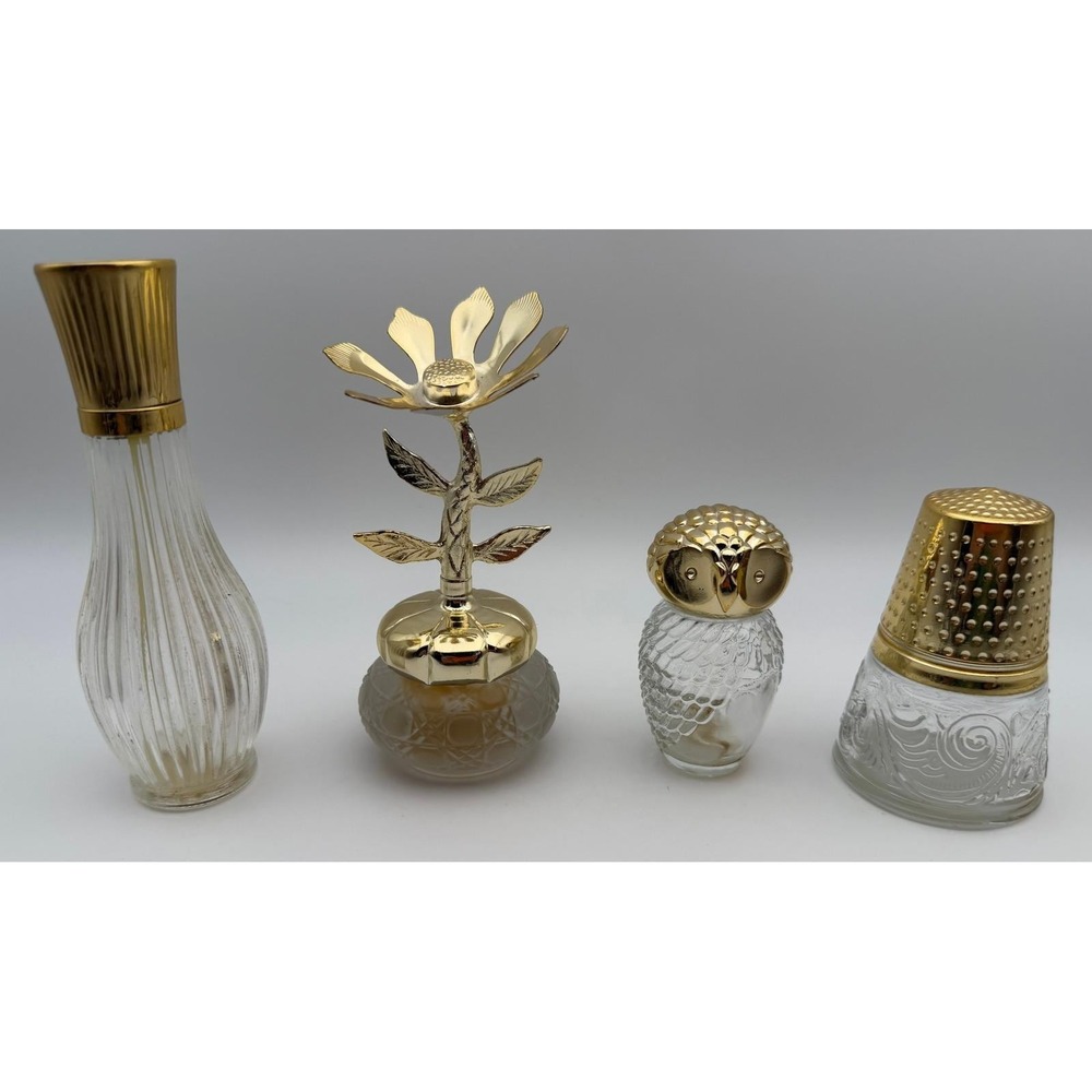 Vintage Avon Perfume Bottle Lot Wishing Owl Flower Thimble Gold Tone Empty 4pc